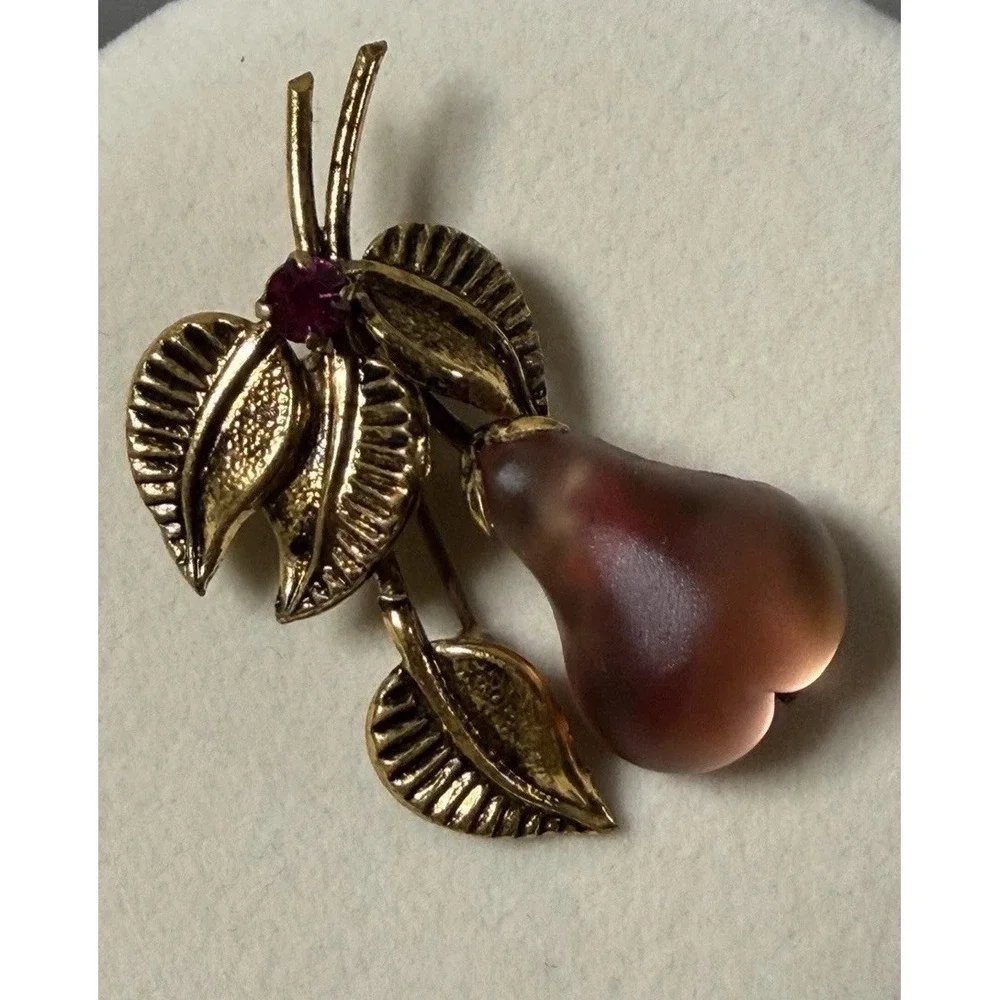 Vintage Lucite Brooch Austria Pink Crystal Figural Pear Fruit Gold Tone  1950s